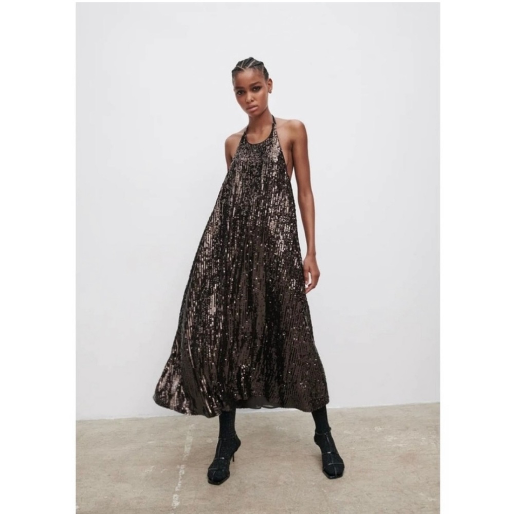 Zara Chocolate Brown Sequin Halter Maxi Dress